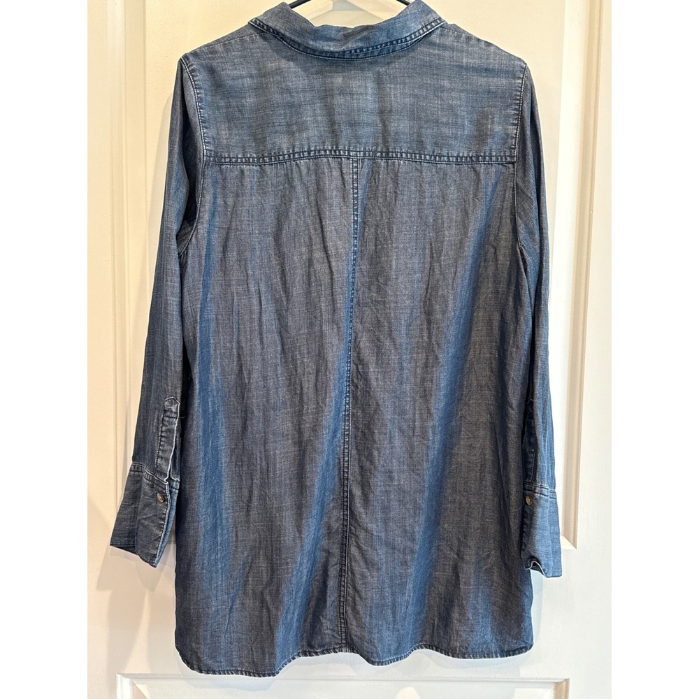Chico's Women's Denim Chambray Tunic Top Dress Button Down Pockets Blue Size 10 - Picture 2 of 4